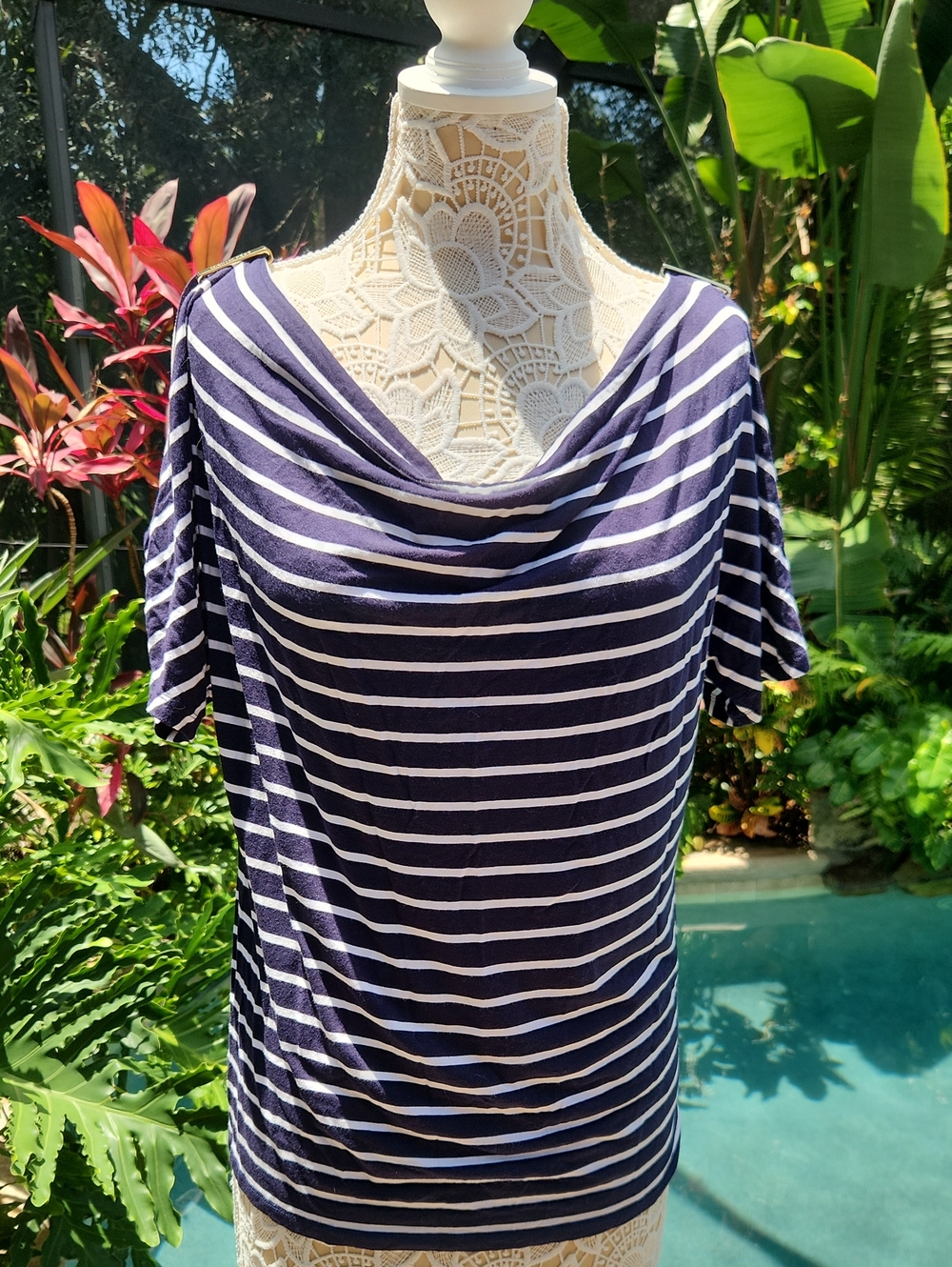 Michael Kors Navy and White Striped Draped Neck Top